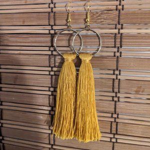Yellow Tassel Earrings with Gold Tone Hoops